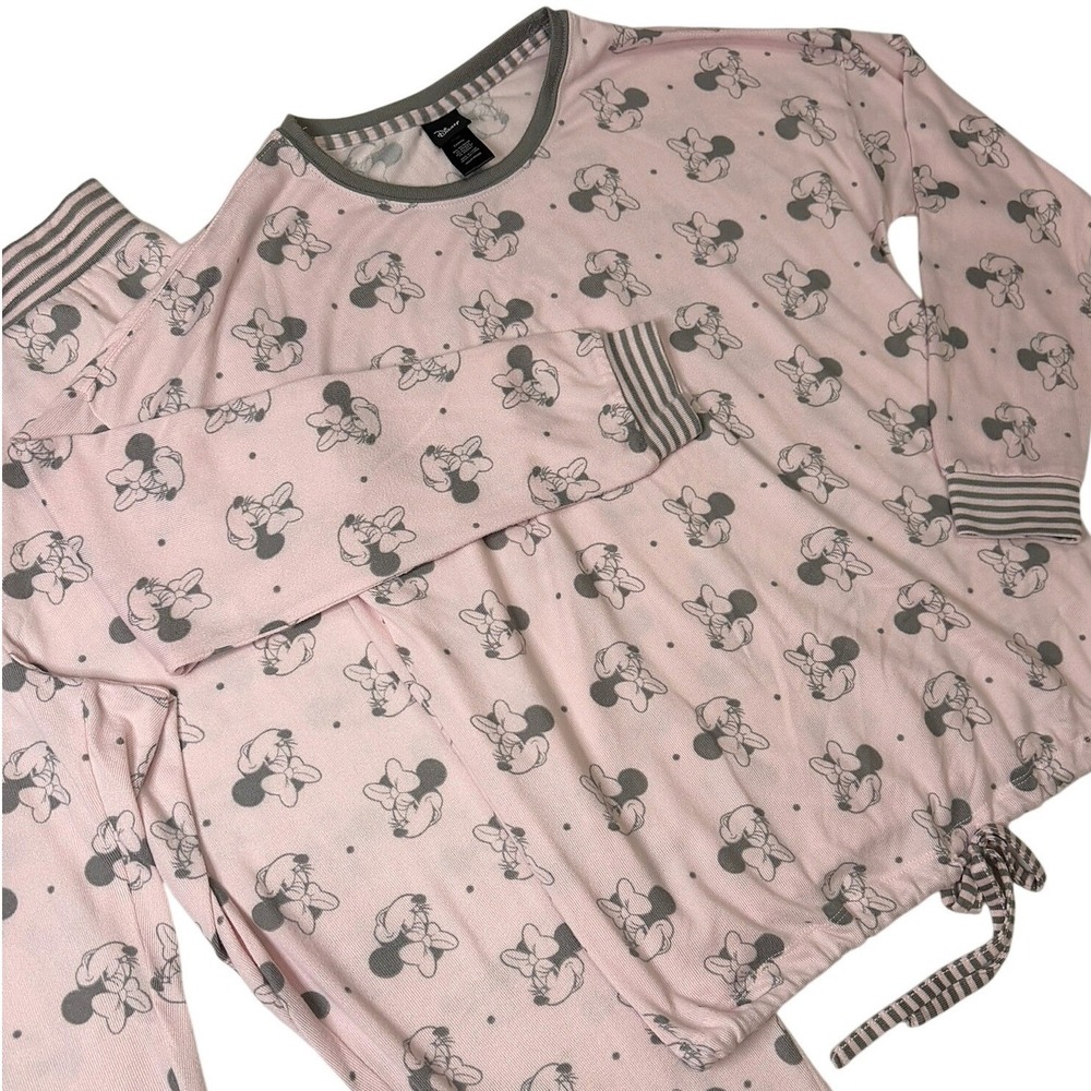 Disney Minnie Mouse Pink Gray Pajama Set Top Pants Women Medium